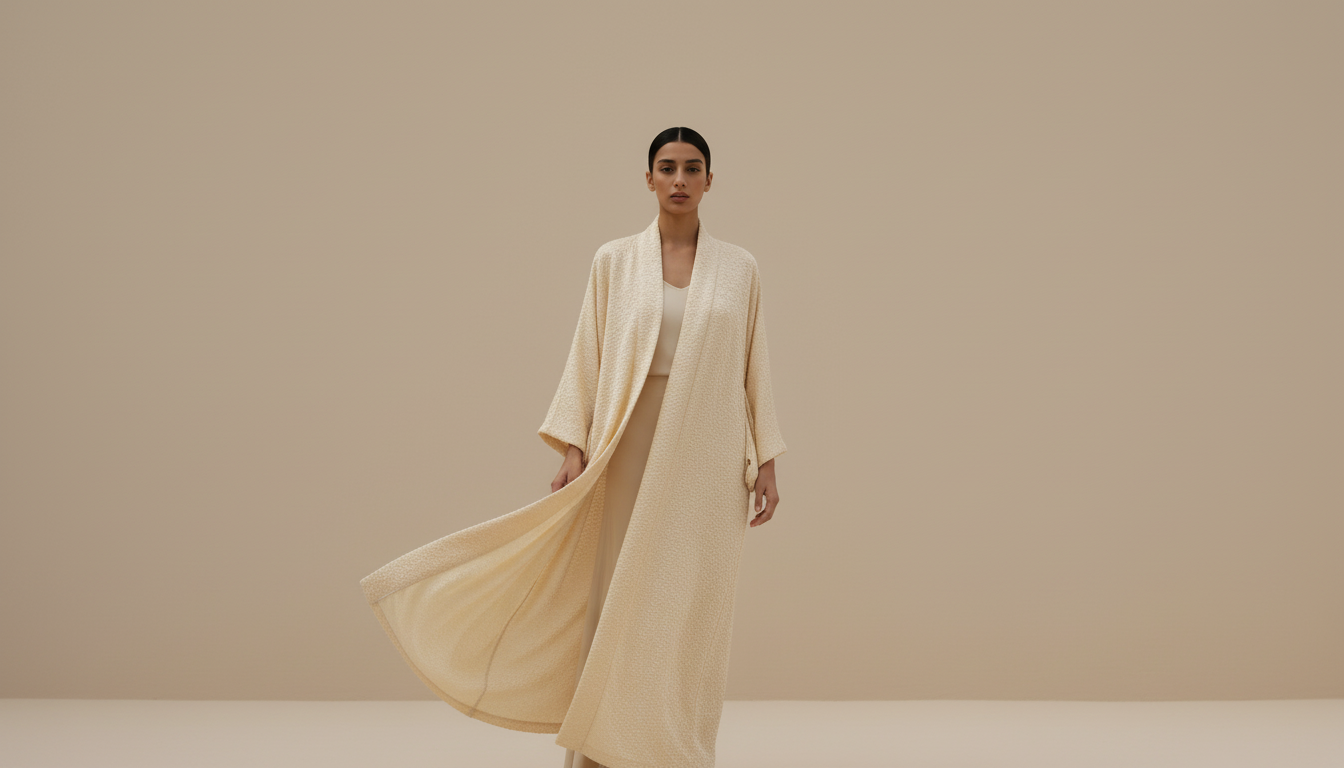 Long kimono bouclé sur fond beige