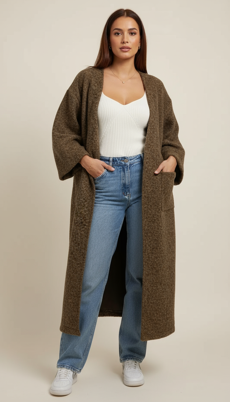 Mannequin IA avec manteau marron