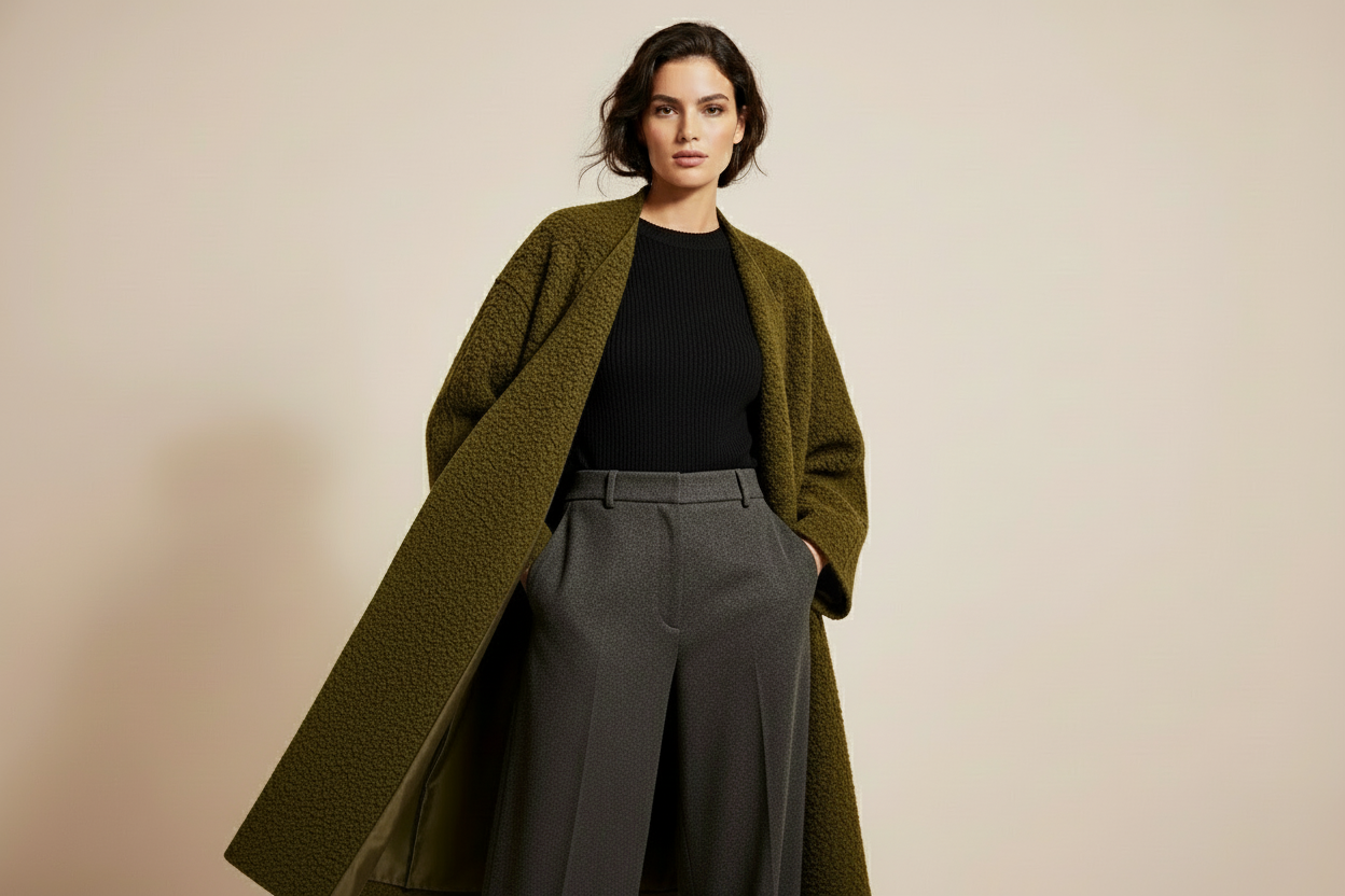 Manteau kimono en laine bouclée vert olive